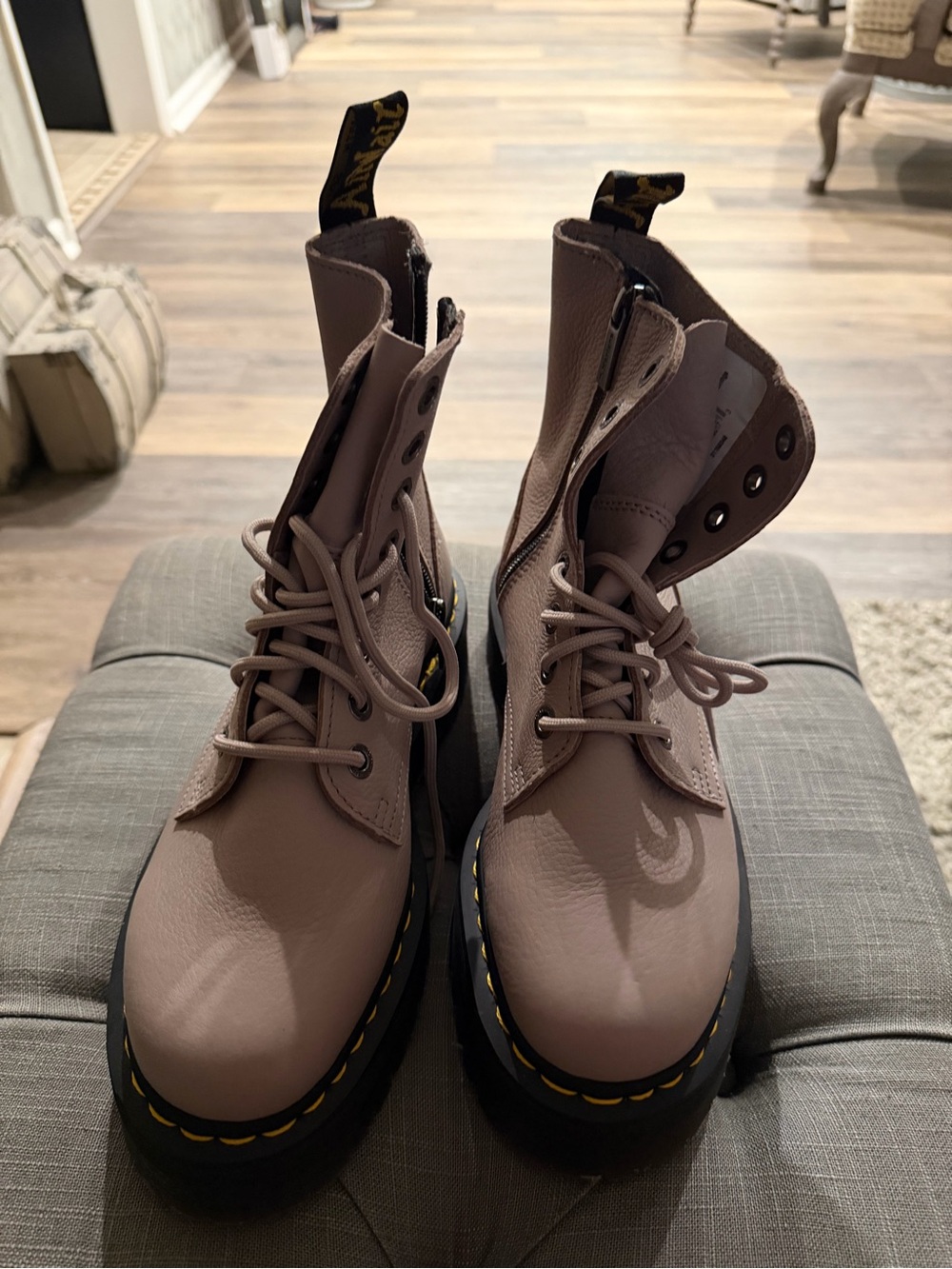 Dr. Martens Mauve Lace-Up Combat Boots with Yellow Stitching